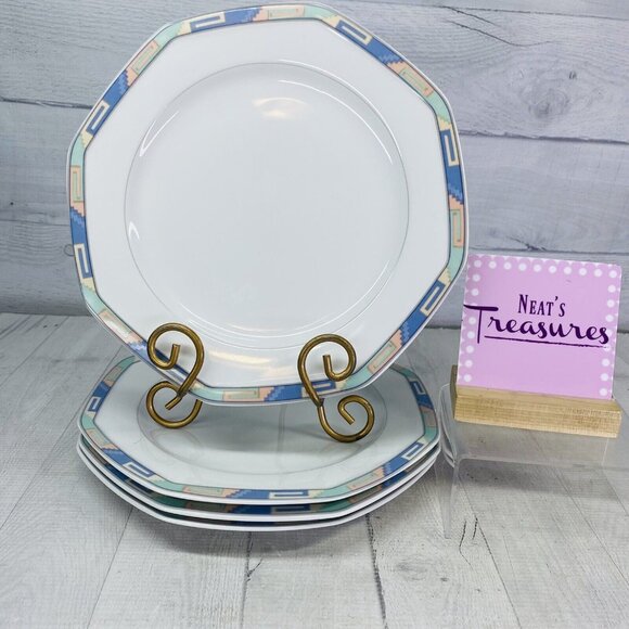 Christopher Stuart SOUTHWEST Green Blue Coral Rim White China Dinner Plate Set 4 - Picture 1 of 16